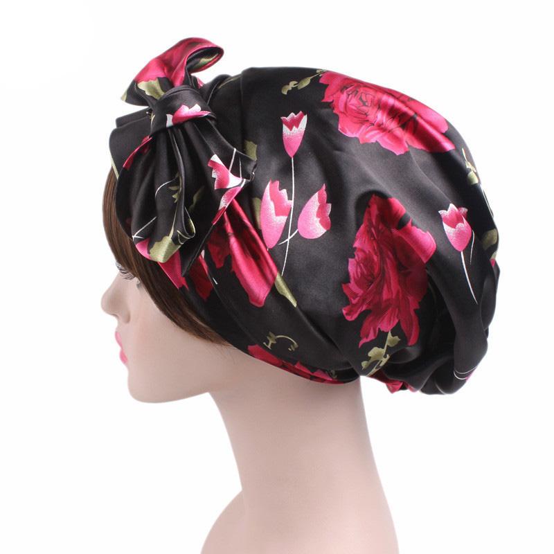 Satin dame hijab kemo hat turban hoved tørklæder hårtab hovedbeklædning bandana bånd sløjfe tørklæde cancer kasketter beanie cover: Sort blomster