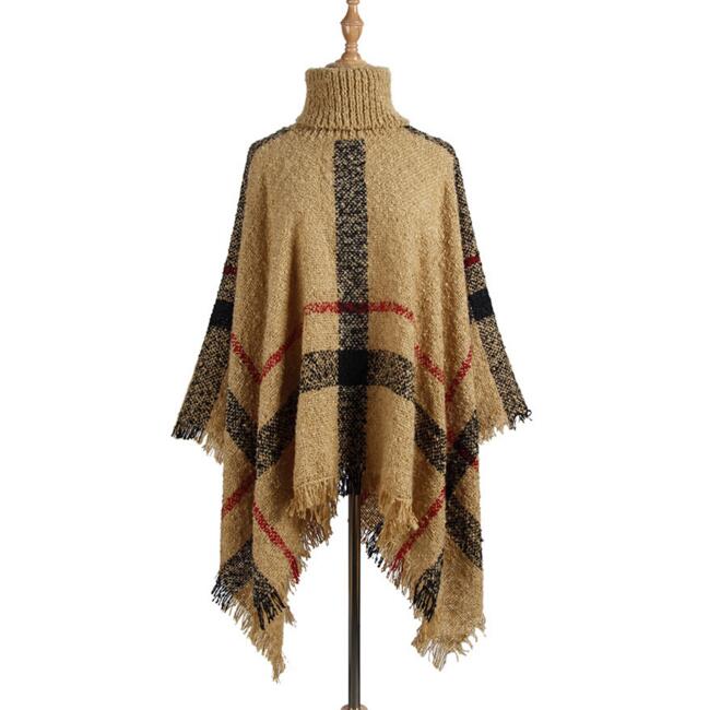 Efterår vinter poncho strikket rullekrave plaid kvinder poncho flagermusærmer lange ponchoer og kapper sweater pullovere: Khaki