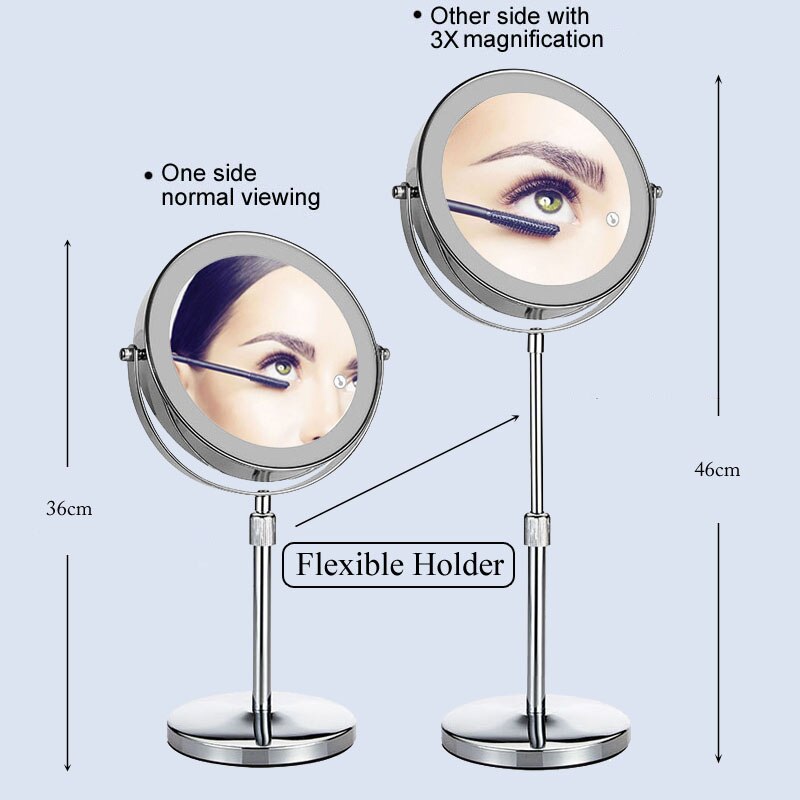 Big Size 8Inch Dubbelzijdig Vanity Make Geleid Spiegel 3X Vergroting, 3 Kleuren Touch Control, tafelblad Cosmetische Spiegel