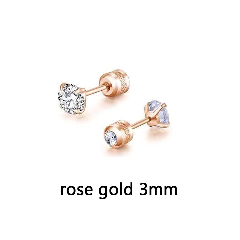 1 Pair 3-6mm Stud Earrings Set Hypoallergenic Double Round Cubic Zirconia Stainless Steel CZ Girls Women Earrings: rose gold 3mm