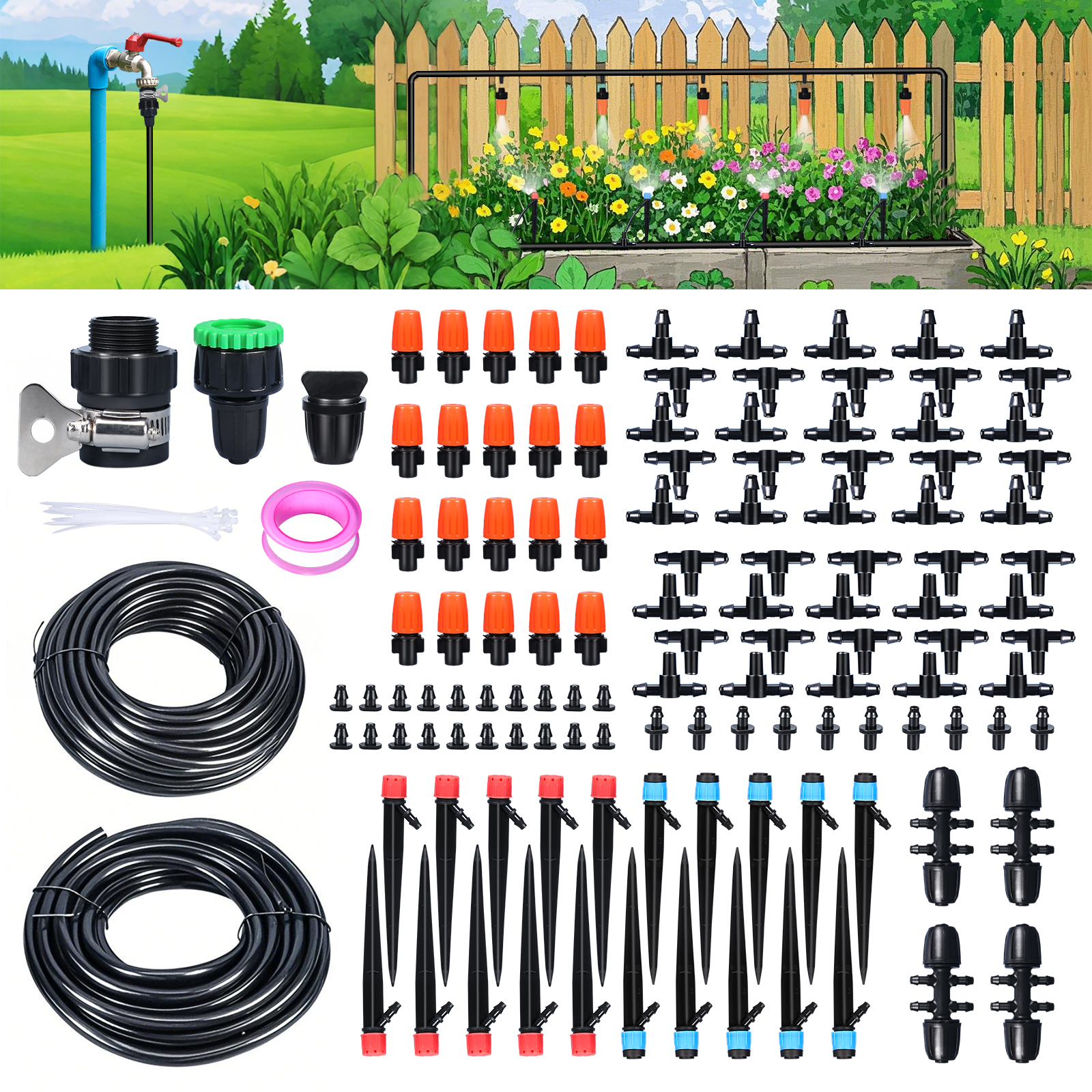 Sistema de riego de jardín con ahorro de agua, kit de riego por goteo automático para jardín, invernadero, césped, terraza, estera de plástico, bricolaje, 15m 20m