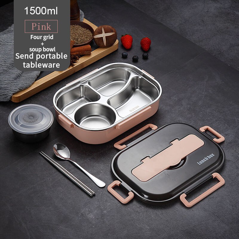 WORTHBUY Japanese Kids Lunch Box With Tableware Bowl 304 Stainless Steel Food Container With Compartments Microwave Bento Box: Pink