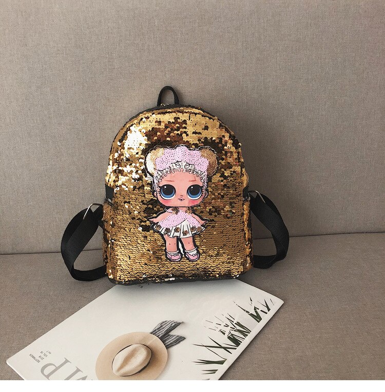 9 Inch Pu Backpack,Sequins Backpack,Cute Girl Print Shoulder Bag,School Bag for Teenager: golden