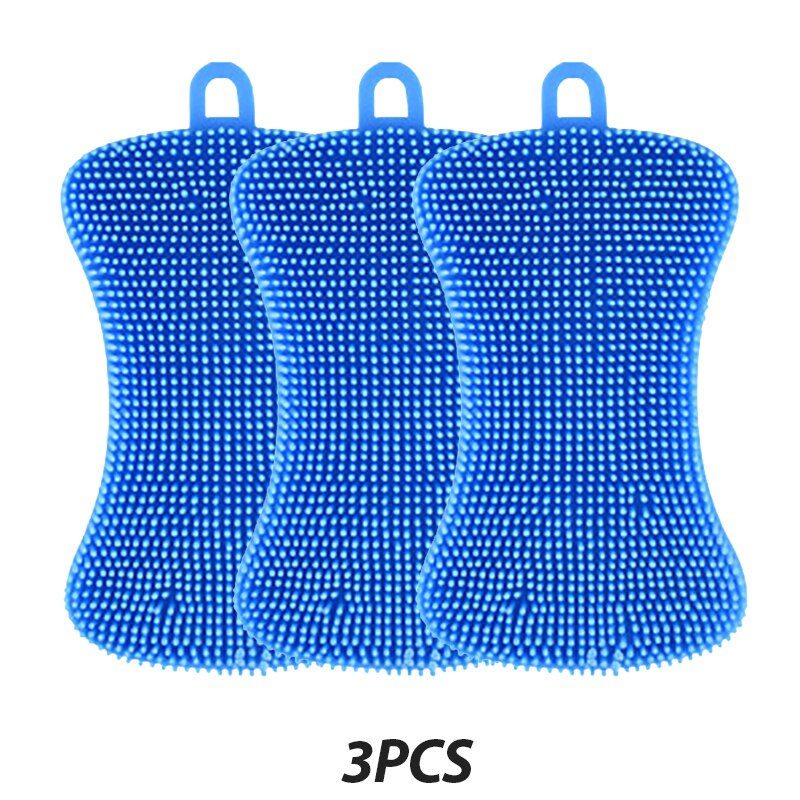 3PCS Silicone Dish Washing Brush Pot Pan Sponge Scrubber Silicone Scouring Pad Fruit Pot Pan Wash Brushes Kitchen Cleaning Tool: 3pcs-blue
