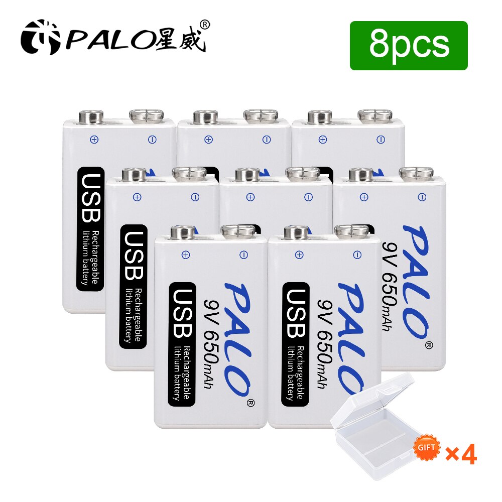 PALO – batterie Lithium-ion Rechargeable 9V, 650mAh, 6F22, Micro USB 9v, pour multimètre, Microphone, jouet, télécommande KTV: 8pcs 9v