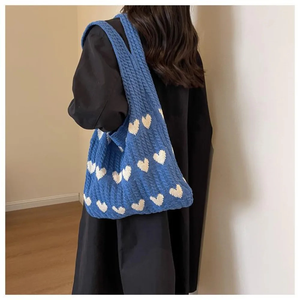 1PC Gebreide Tas Dames Zomer Handgemaakte Wollen Gebreide Onderarm Gebreide Tas Liefde Schoudertas