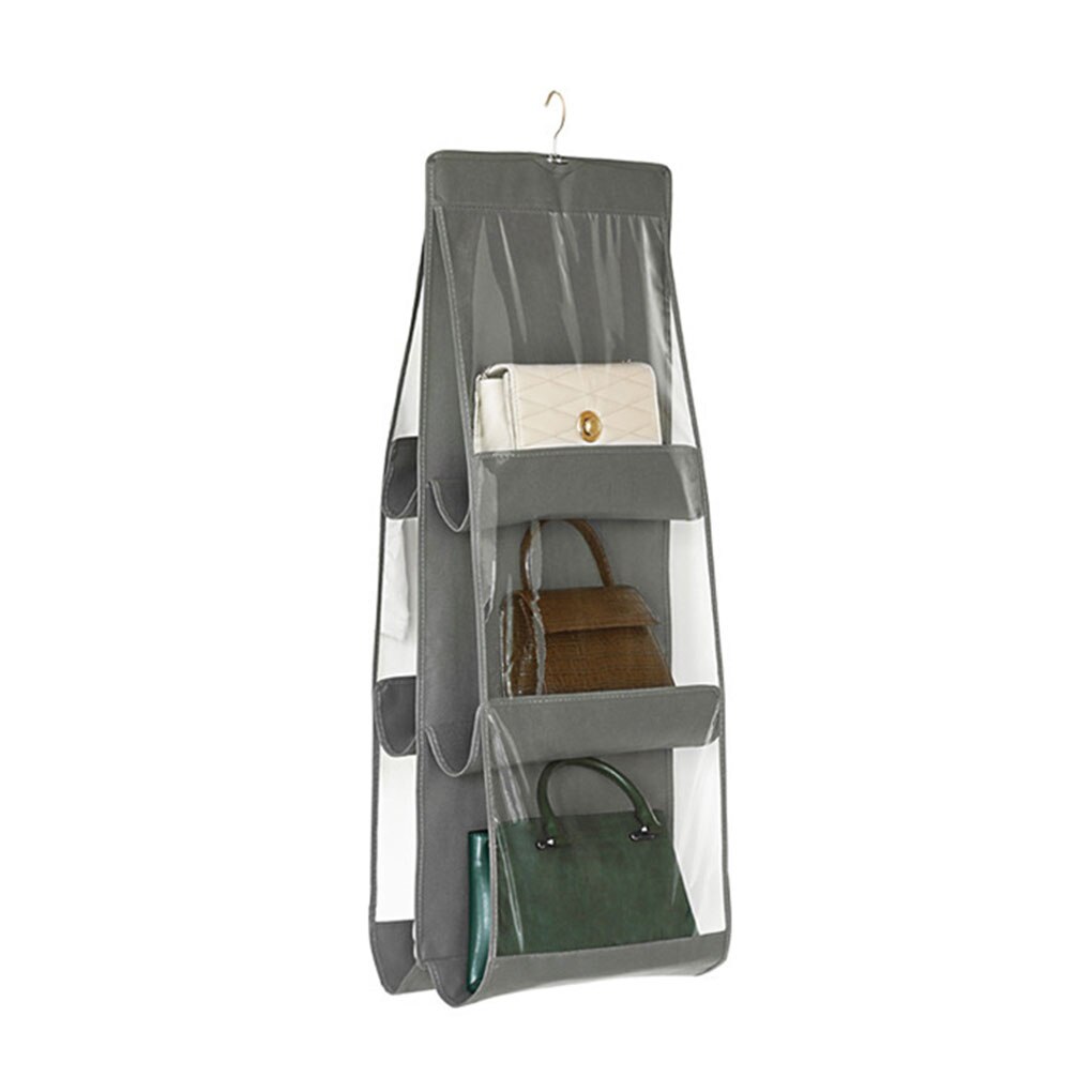 6/8Pocket Hanging Handbag Organizer for Wardrobe Closet Transparent Storage Bag Non-woven Storage Holder PVC with Closet Hanger: 6 Pocket Grey