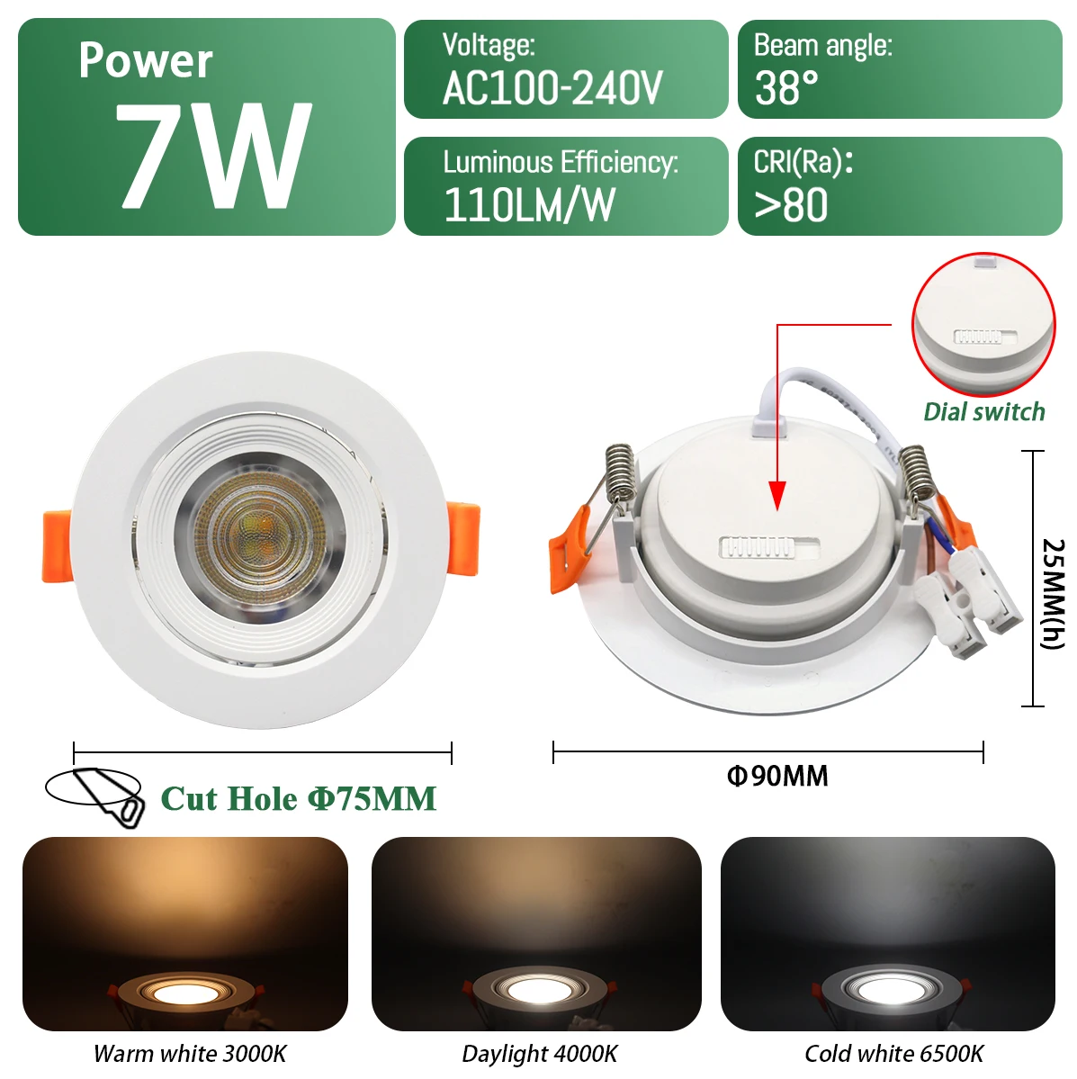 2 uds foco LED empotrable Dial Swich CCT luz de techo ajustada de 3 colores AC 120V 220V 3000K 4000K 6500K iluminación interior: RGB