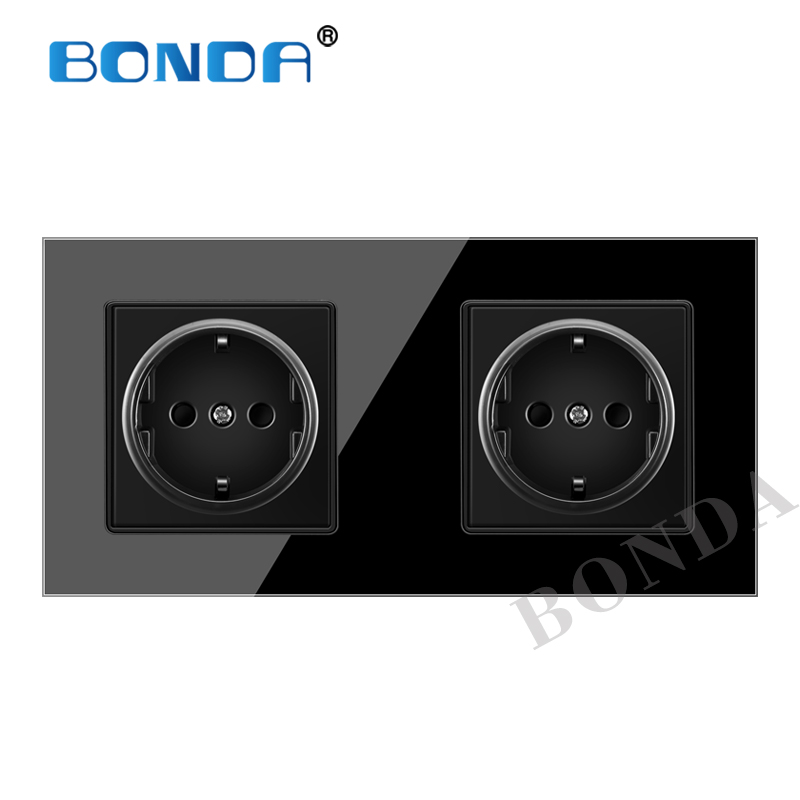 16A Porous conjoined power socket, socket panel, three-layer power socket without plug, crystal tempered glass AC110-250V: 502 Black