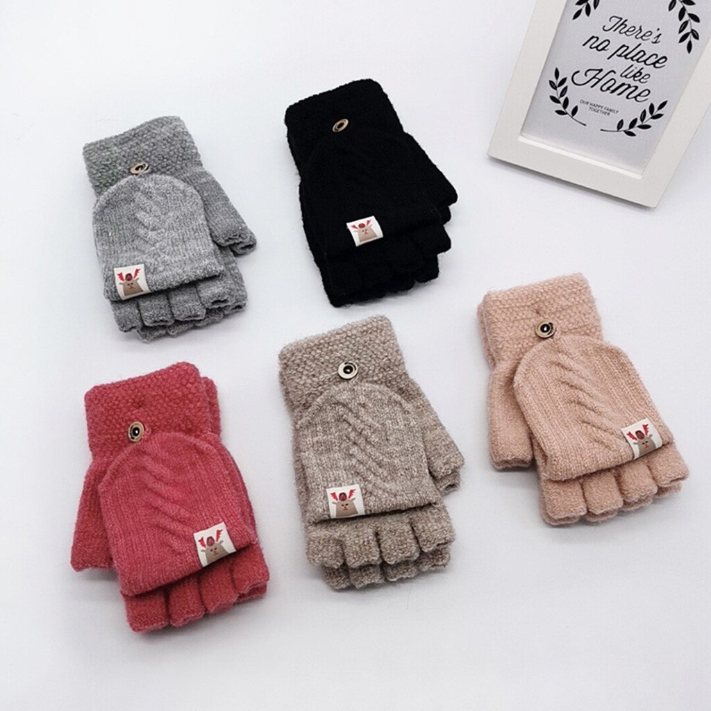 Winter Mittens Gloves Children Girls Winter Cute Cartoon Mittens Gloves Girls Knitted Convertible Fingerless Mittens Gloves