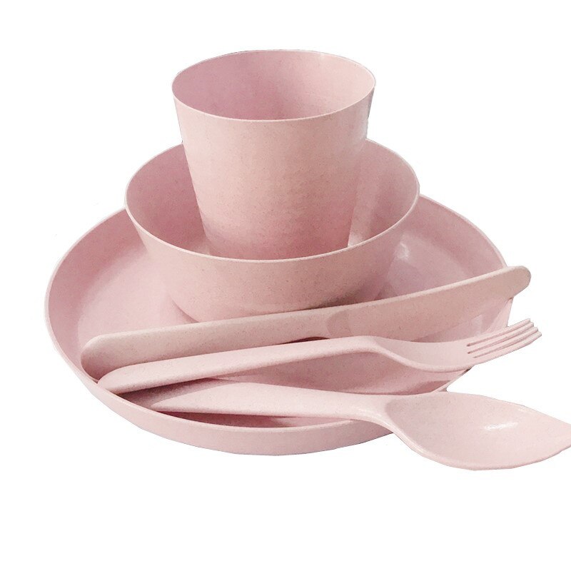 4pcs Pink Kitchen Wheat Straw Tableware Reusable Household Dishware Kids Adult Spoon Fork Cup Salad Soup Bowl Plate