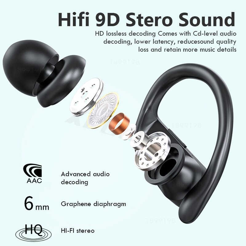 Wireless Headphones TWS Bluetooth 5.0 Earphones 9D Hifi Stereo Sports Waterproof Headphone LED Display Earphone Ear Hook Headset