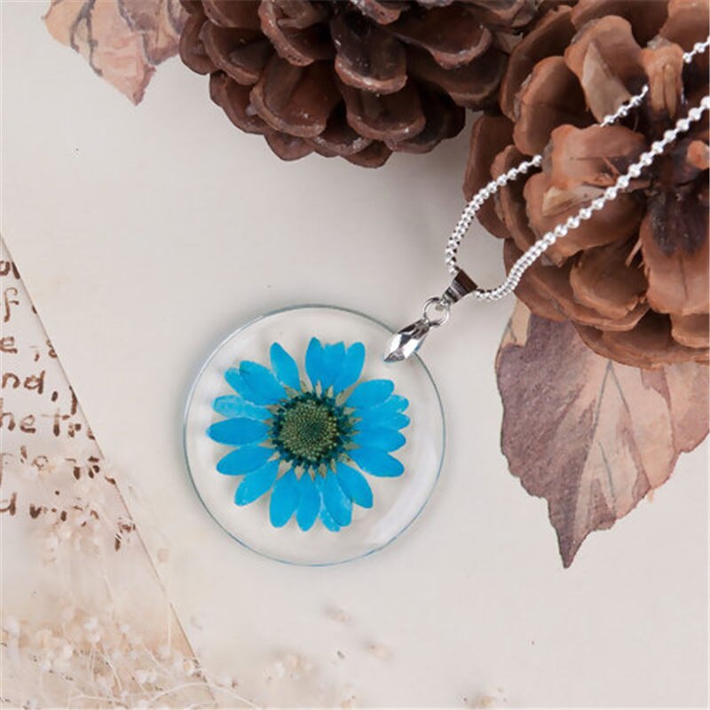 1 Pc Verkoop Handgemaakte Boho Transparante Hars Gedroogde Bloem Daisy Multicolor Hanger Zilveren Kleur Bal Ketting Vrouwen 45cm Lange: 2