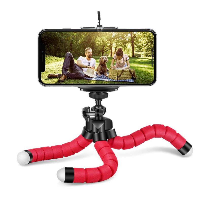 Fleksibel blæksprutte telefon kamera holder stativ beslag 360 roterende stativ u clip mount monopod rejse mobil kamera selfie støtte: Rød