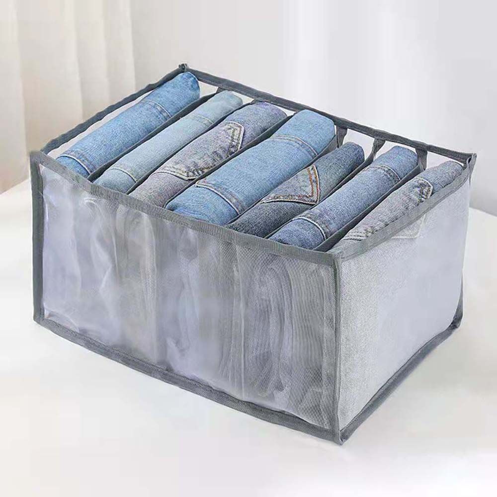 1 Pack Mesh Cloth Translucent Clothes Storage Artifact Home Wardrobe Drawer Underwear Jeans Compartment Storage Divider Bag: Grey-Jeans 7 Grid
