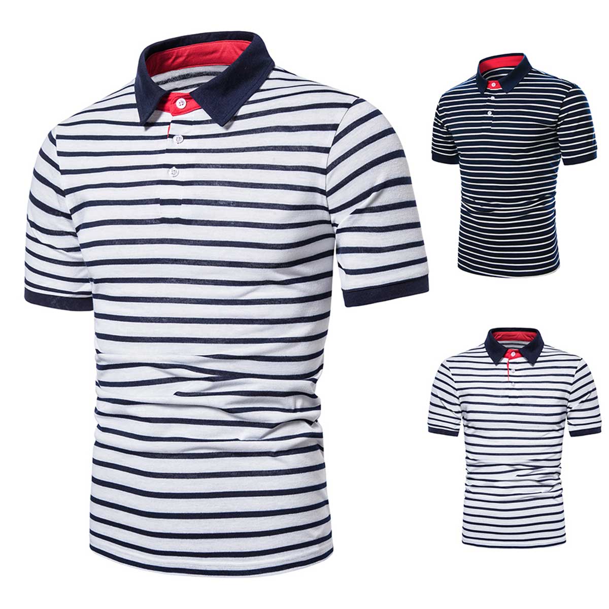 Gestreepte overhemden zomer heren korte mouwen strakke overhemden tops katoenmix revers horizontale strepen overhemden voor mannen volwassenen