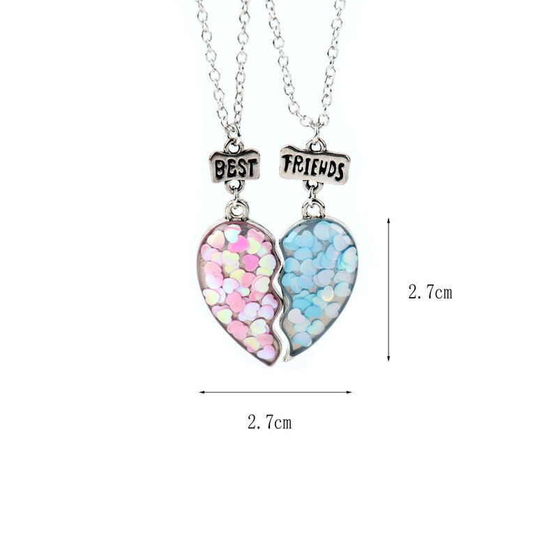 2Pcs/set Best Friends Necklaces Sequin Heart Broken Stitching Pendant Chain BFF Friendship Jewelry for Girls Women