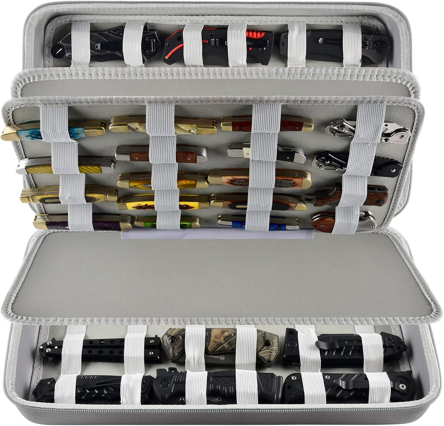 (ALLEEN CASE)Mesvitrine voor 66+ zakmessen. Opvouwbare houder, opbergorganisator voor vlinders, verzamelzakje voor messenrol: Beige