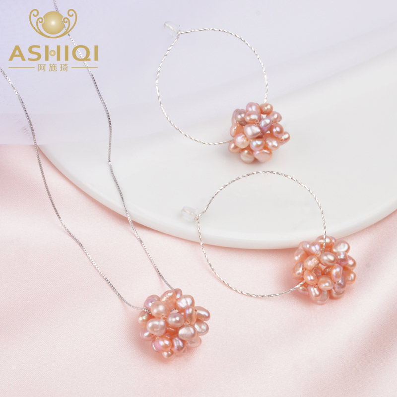 ASHIQI Natürliche Süßwasser Perle Ball Schmuck Sets & Mehr 925 Sterling Silber Kette Neaklace Hoop Ohrringe Für Frauen