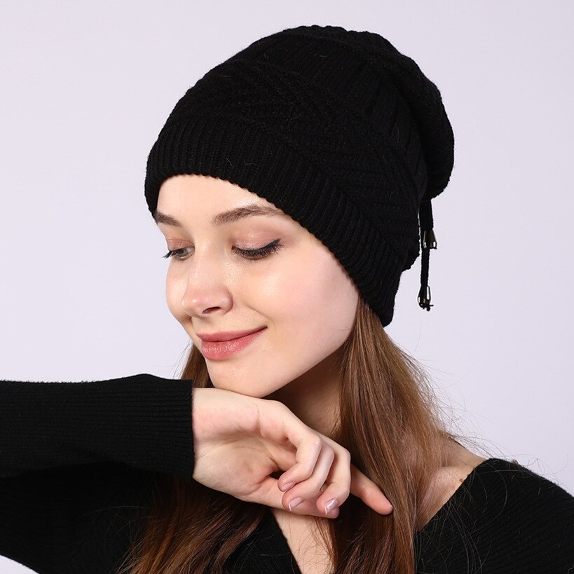 Gorro de punto elástico para mujer, bufanda de redecilla lisa, cálido, para Otoño e Invierno: Black