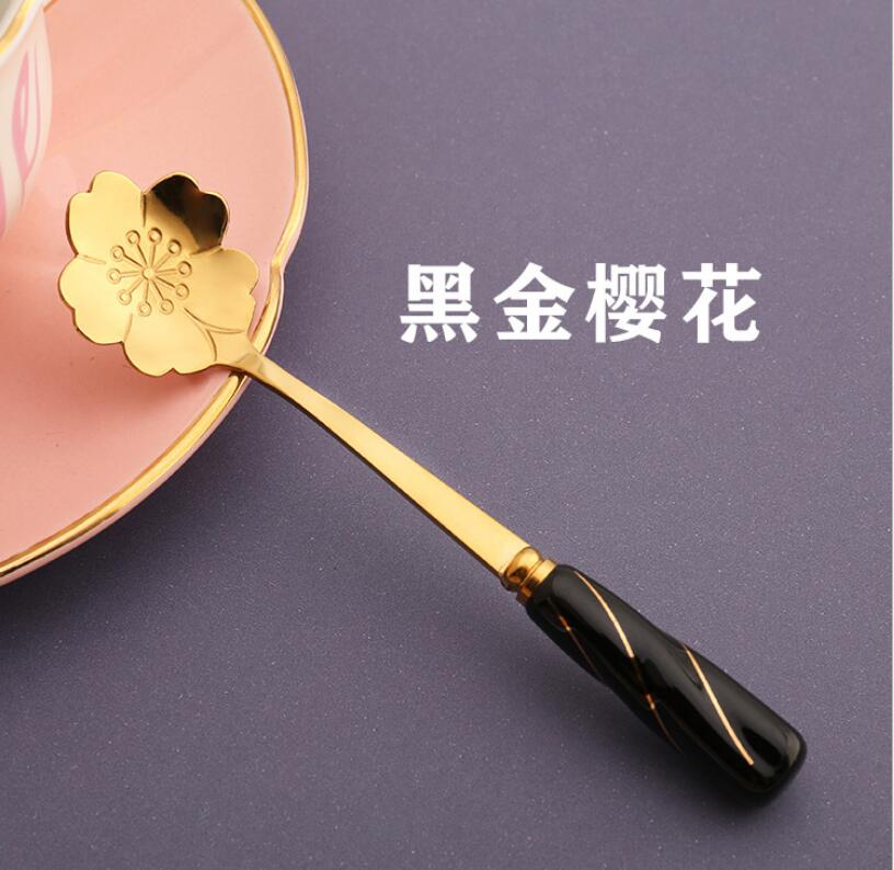 Utensílios de mesa colher de agitação de café cerâmica alça flor colher aço inoxidável banhado a ouro cereja rosa colheres cozinha ferramentas: 08
