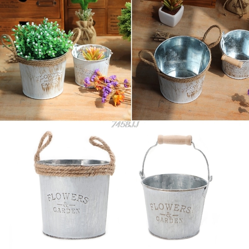 Vintage galvaniserad metall järn blomma trädgård shabby vas kruka fat planter dekor skrivbordet blommor vas för heminredning