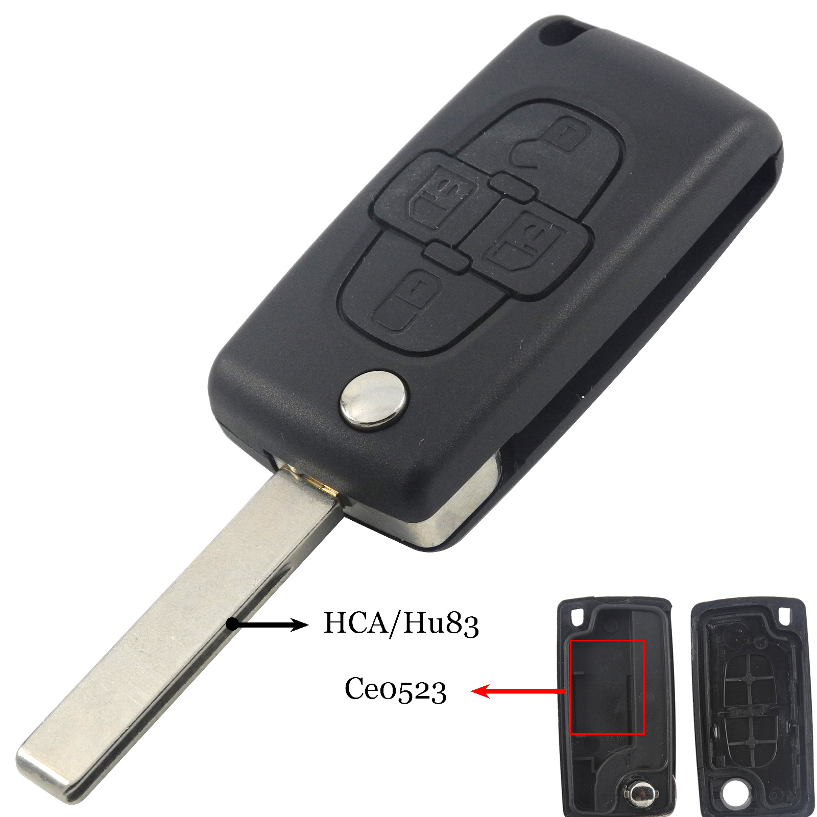 Jingyuqin 4 Knoppen Flip Floding Remote Key Fob Case Shell Fob Voor Peugeot 1007 Voor Citroen C8 Ongesneden Mes Met Groove Ce0523: Black / 3 Knoppen