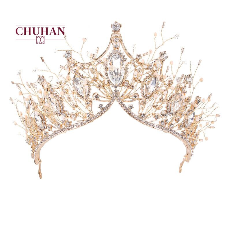 CHUHAN-collar de corona de oro para novia, pendientes de tres juegos, accesorios de vestido de novia, accesorios para el cabello de boda C360