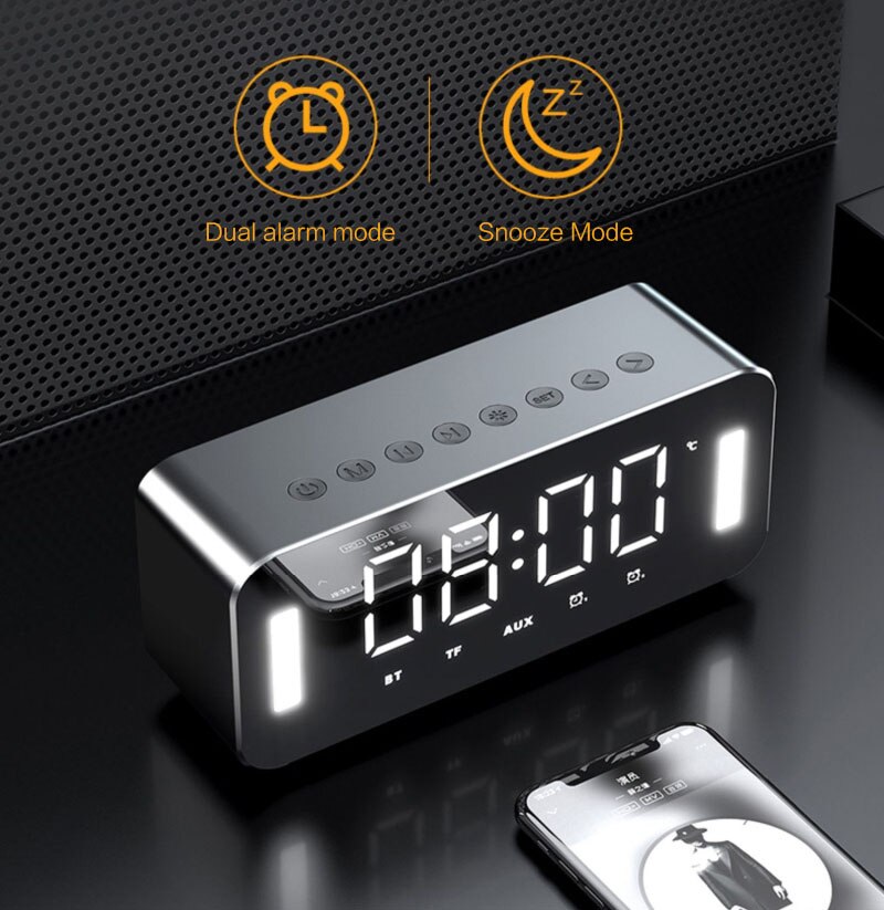 Multifunctionele Wekker Bluetooth Luidspreker Met Fm Radio Led Display Spiegel Snooze Draadloze Subwoofer Muziekspeler Tafel Klok