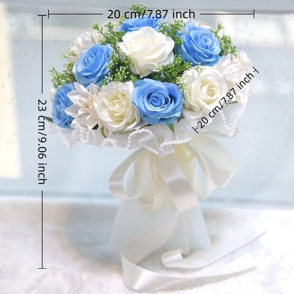 Baby's Atem Romantische Hochzeitssträuße Künstliche Seidenblumen Schleifenband Brautstrauß Exquisiter Perlen-Spitzen-Weißrosenstrauß
