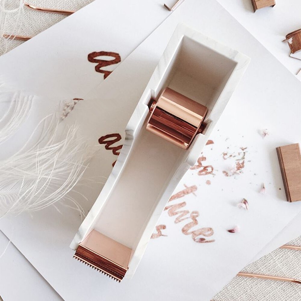 Marble Print Tape Dispenser Desk Adhesive Tapes Holder with Rose Gold 1" Metal Core for Office School Home Stationery Supplies