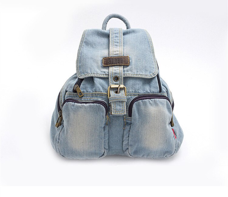 Uformell liten blå denim -ryggsekk med deksel kvinner daglige ryggsekker for reiser 2 farger casual jeansbag: Himmelblå