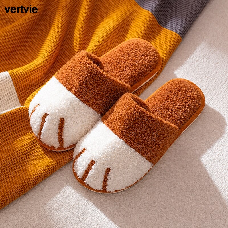 Vertvie Winter Slippers Vrouwen Mannen Paar Schoenen Leuke Kat Poot Thuis Indoor Harige Slippers Unisex Warm Pluche Slippers Zachte Schoenen: brown / 38-39