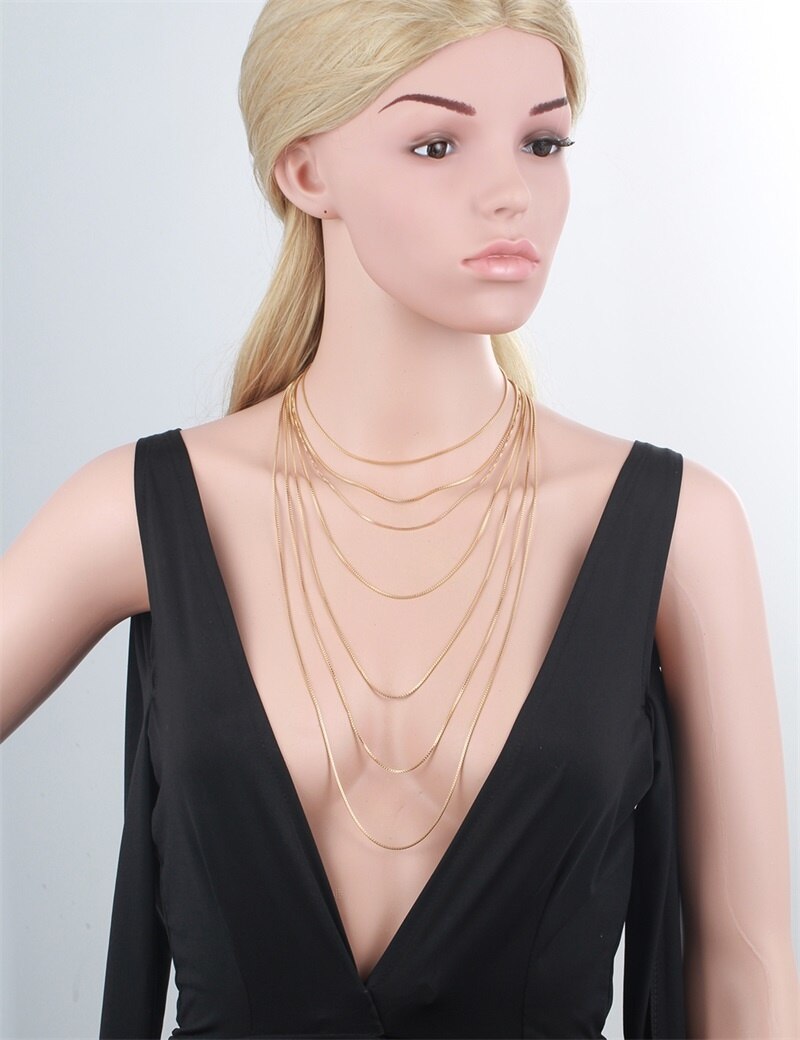 35cm-70cm Width 1mm Slim Yellow Gold Color Box Chain Necklace Chains Jewelry Necklaces Women Men Kids Children Boy Girls