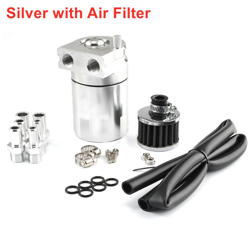 Universal Car Oil Catch Can Tank Kit Baffled Reservoir Fuel Tank 300ml with Parts Air Filter Baffled Tank Aluminum Oil CatchCcan: Silver