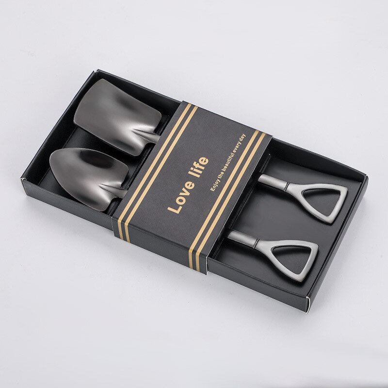 2pcs Coffee Spoon Cutlery Set Stainless Steel Retro Iron Shovel Ice Cream Fruit Spoon Scoop Spoon Tea-spoon Tableware: black Black box