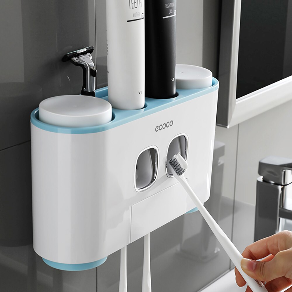 Automatic Squeeze Toothpaste Set Wall-Mounted Toothbrush Holder with 2 Toothpaste Dispensers 4 Cups and 5 Toothbrush Storage