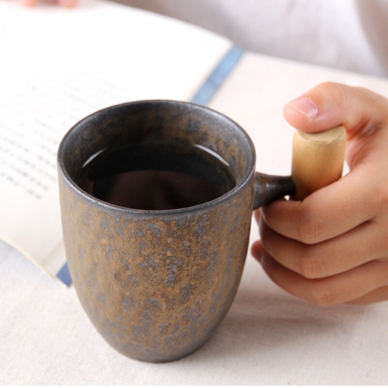 Japansk stil vintage keramisk kaffekrus tumbler rust glasur te mælk øl krus med træhåndtag vand kop hjemmekontor drikkevarer
