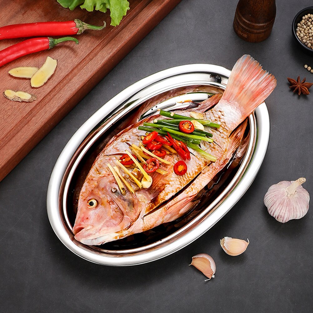 1pc Stainless Steel Oval Plate Steaming Fish Plate Snack Desserts Service Tray