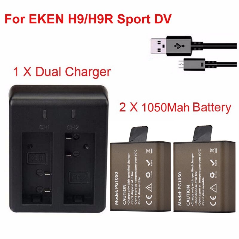2 stks 1050 Mah Action Camera Batterij Voor EKEN H9 H9R H3 H3R H8 H8R H8 pro SJCAM SJ4000 SJ5000 Sport DV batterij + Dual Charger