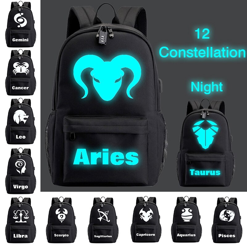 BPZMD Luminous 12 Zodiac Sign Canvas Schoolbag Constellation Horoscope for Boys and Girls Backpack