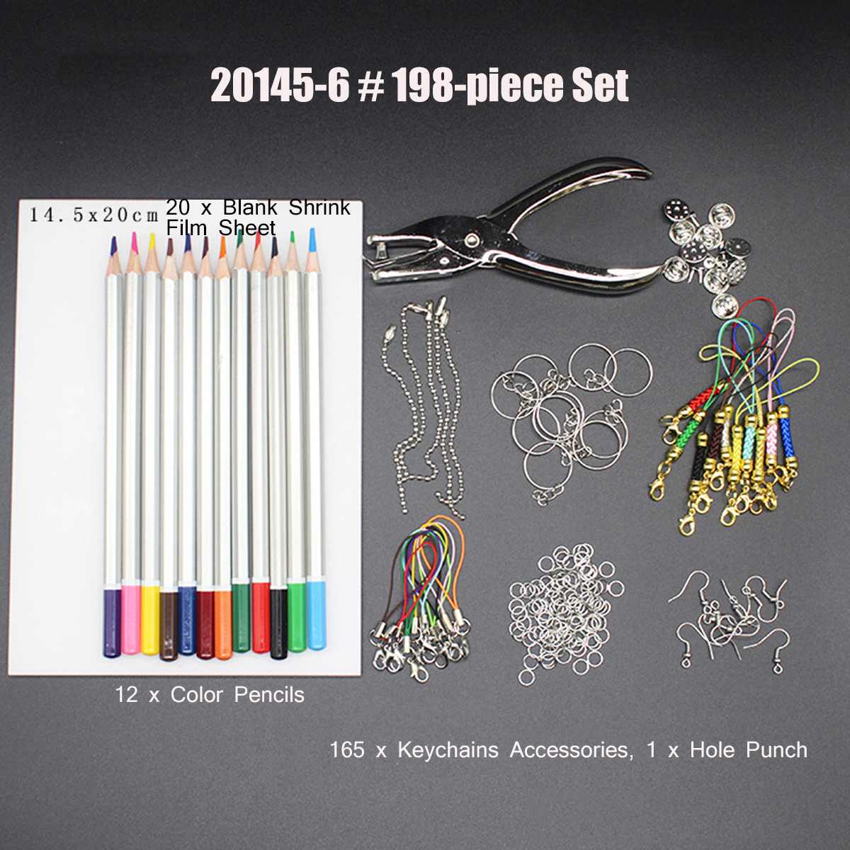 198PCS Heat Shrink Sheet Plastic Kit Shrinky Art Paper Hole Punch Keychains Pencils DIY Drawing Art Supply Heat Shrink