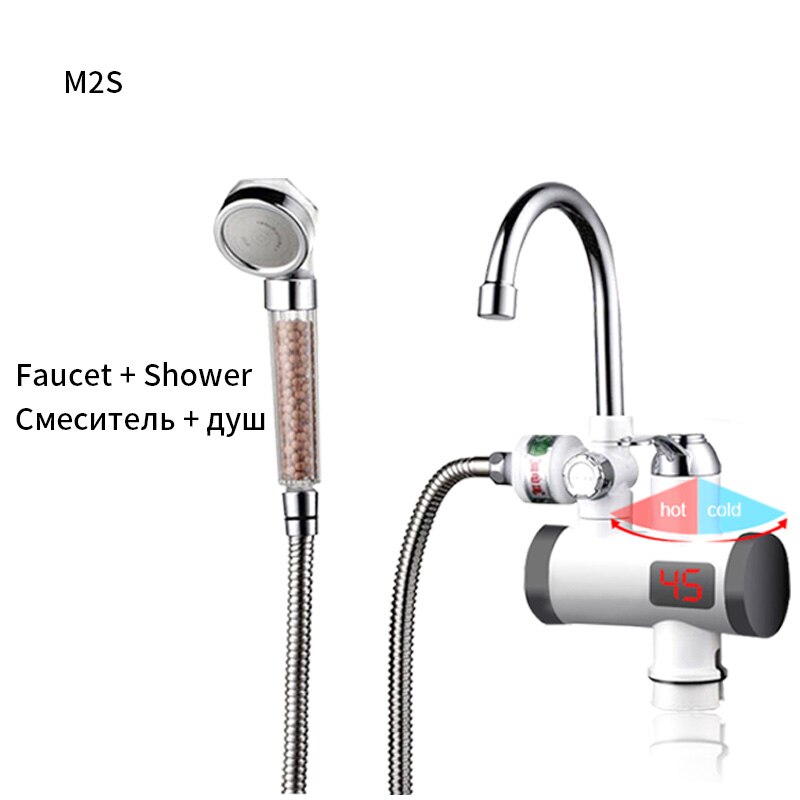 3000W Temperature Display Instant Water Tap Tankless Electric Faucet Kitchen Bathroom Cold Water Heating Heater With Shower: M2S / EU Plug