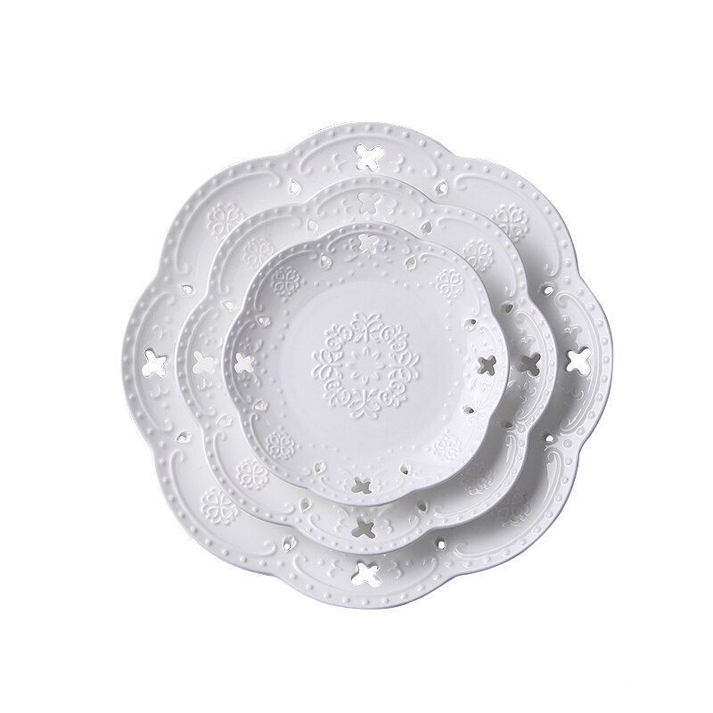 3pcs Set, 6+8+10inch, White Embossed Porcelain Cake Plate, Butterfly , Service the Table, Dinner Plate Sets, Dinnerware