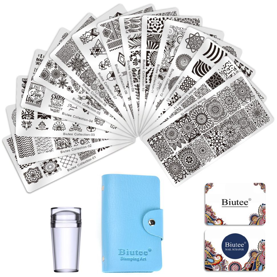 Biutee Nagel Stempel Platten einstellen 15 platte + 1 Stempel + 2 Schaber + 1 lagerung tasche Desgins NäGel Kunst stanzen Platte Schaber Stempel einstellen: einstellen 1