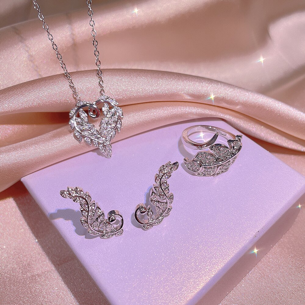 Elegante Witte Zirconia Zilveren Kleur Sieraden Sets Voor Vrouwen Unieke Veer Vleugels Dames Bruiloft Engagement Bridal Sieraden