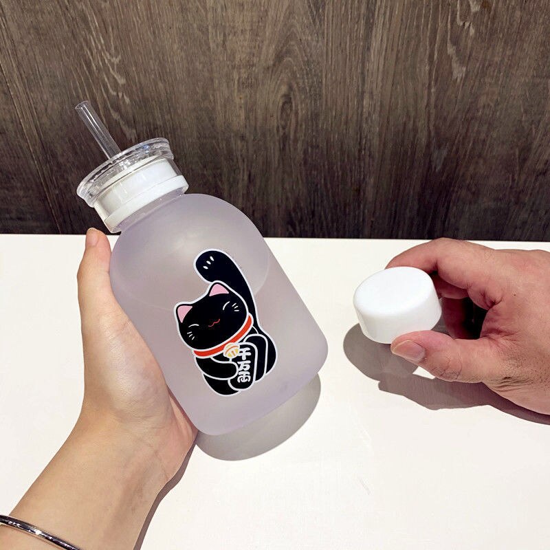 500ml chat chanceux bouteille en plastique sans BPA dessin animé Transparent/givré bouteilles d'eau étanche Drinkware mignon étudiant tasse: 7