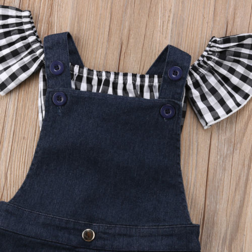 Del bambino Del Bambino Delle Ragazze di Estate di Modo Grazioso 2PCS Set Manica Corta Petalo Plaid T-Shirt Magliette e camicette Button Solid Tute e Salopette Vestito 1-6Y