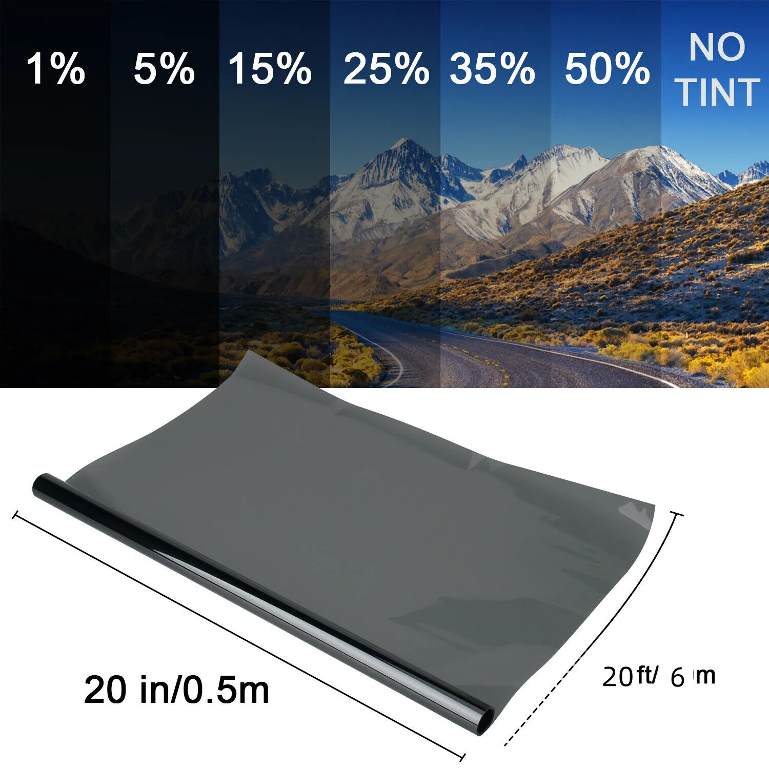 50 cm x 6m uklippede ruller solfilm til vindu, 1/5/15/25/35/50%  svarte filmer til bil, hjemmekontor, solfilm til glass med skrape, solfilm til bil