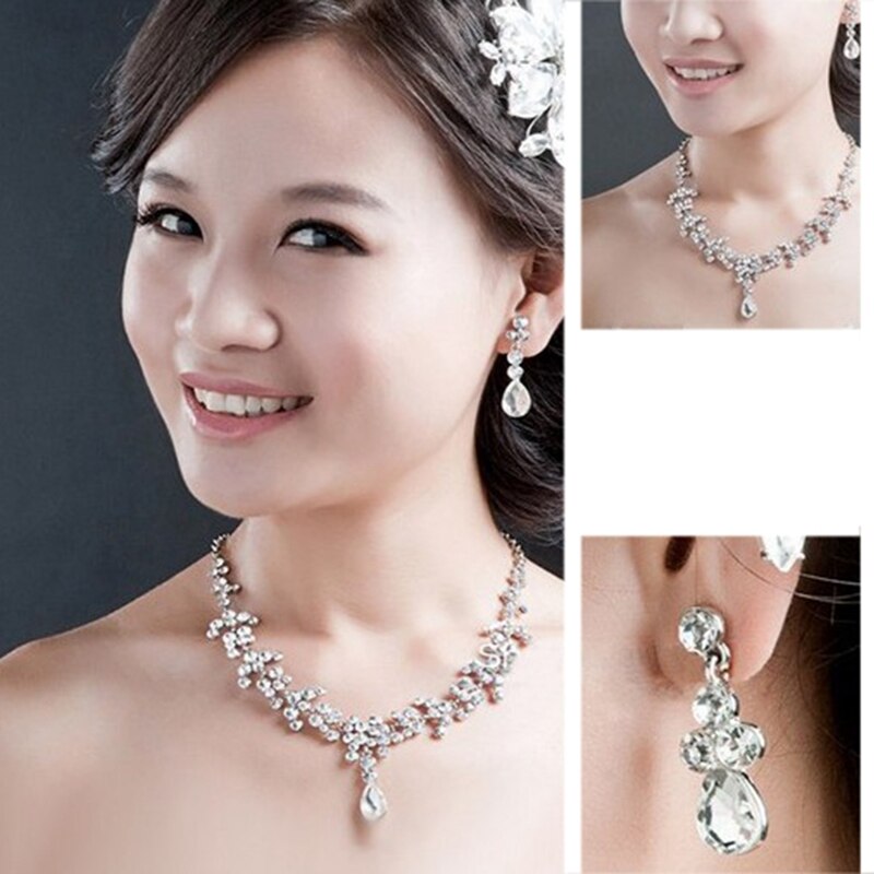 Three-piece Bridal Jewelry Set Crown Necklace Earrings Crystal Wedding Women Tiara Jewelry Accessories